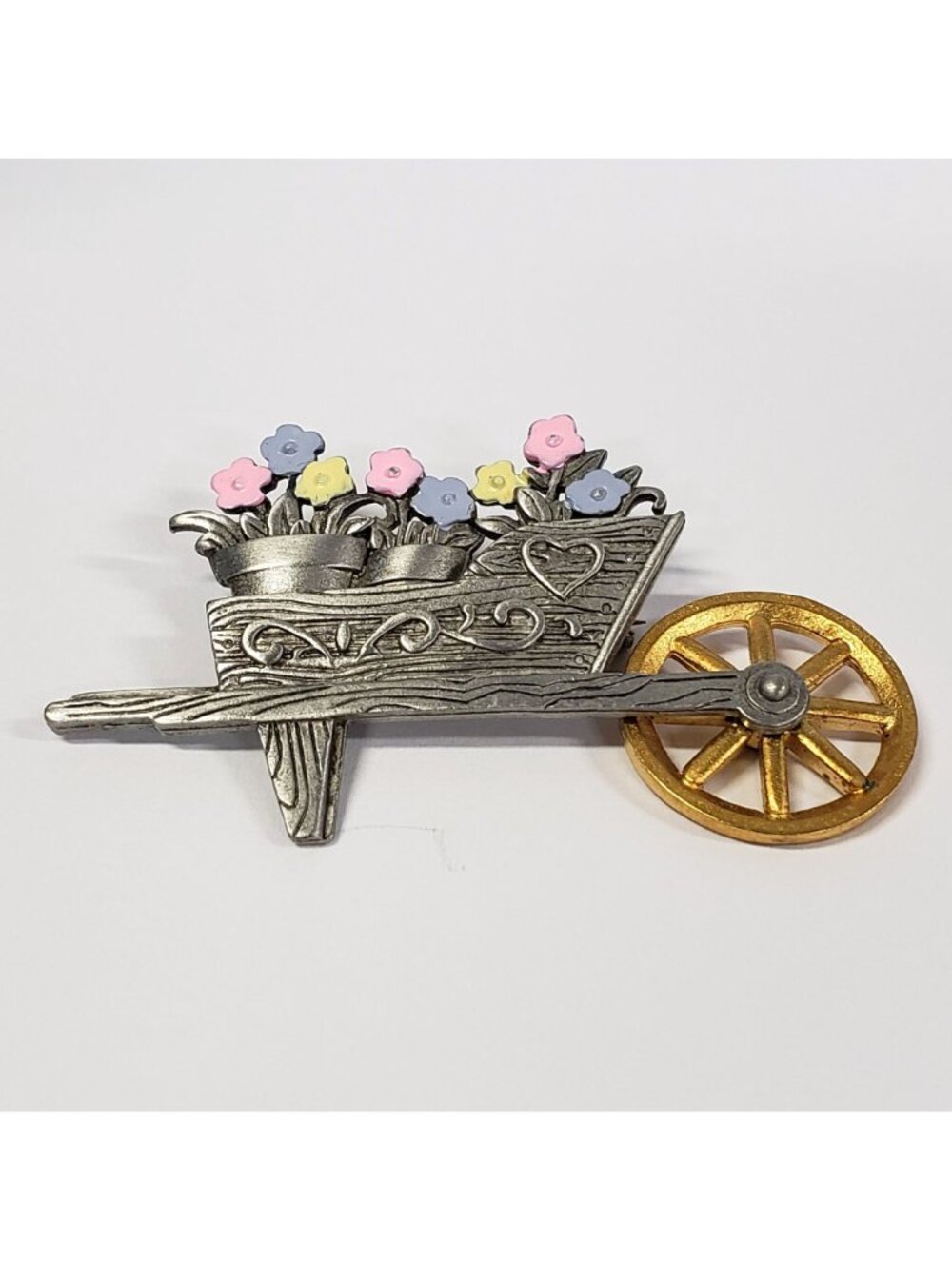 Vintage JJ Jonette Jewelry Wheelbarrow Brooch with Flowers & Gold-Tone Wheel - Picture 6 of 6